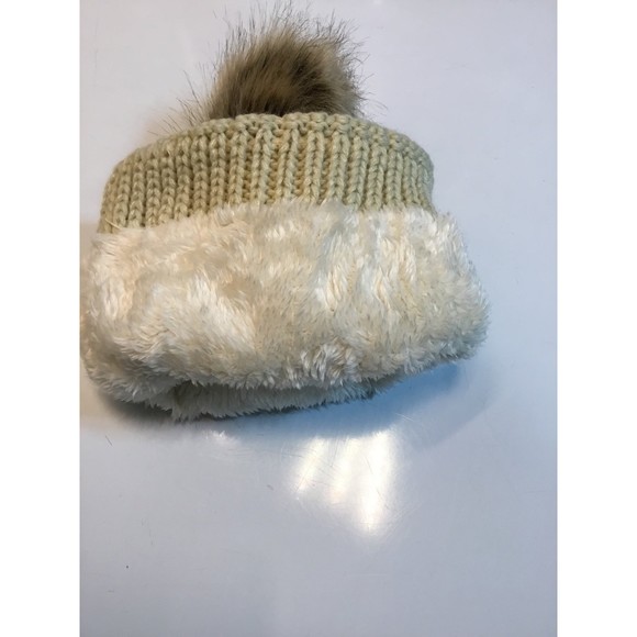 White Leopard Beanie Khaki Colored With Brown Fur Fluff On Top - Picture 3 of 4
